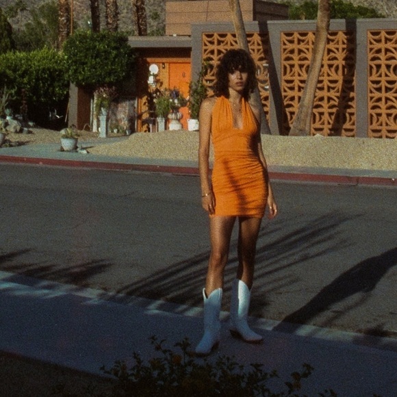 ZARA Orange Halter Ruched Mini Dress - Picture 4 of 13